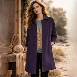 Boden Purple Mod Style Lined Thin Wool Midi Lined Lightweight Blazer Swing Coat